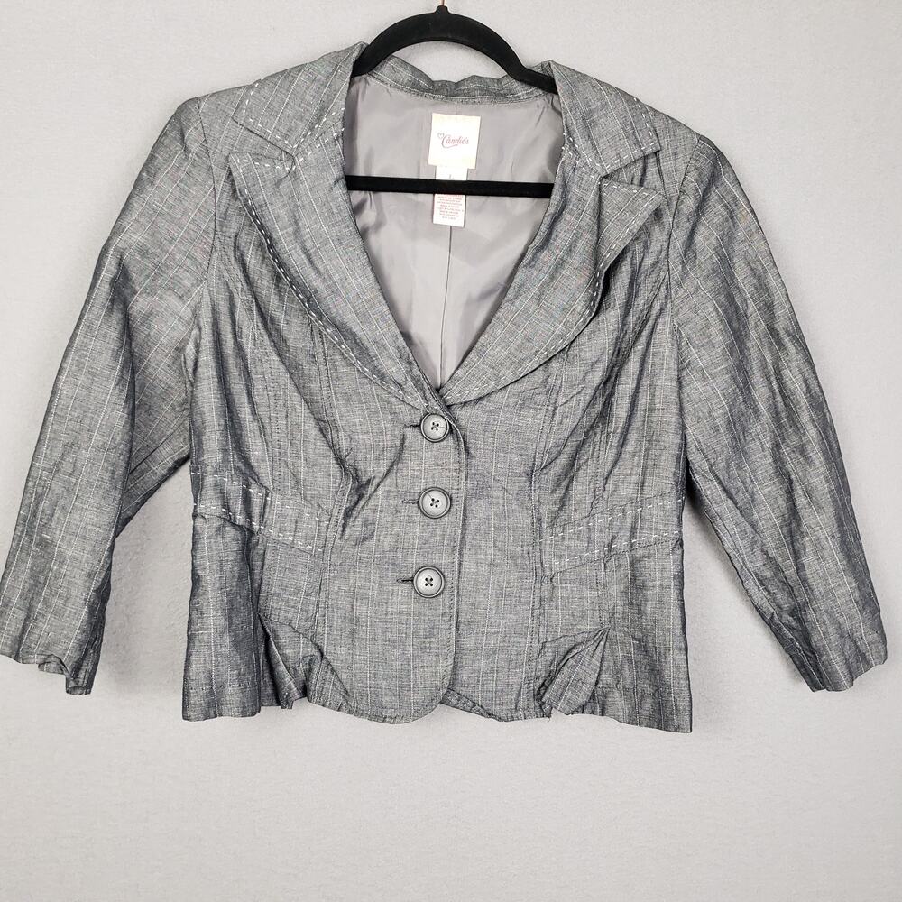 Y2K Candies Women's Size L Pleated Crop Blazer Jacket Metallic Gray Office Siren